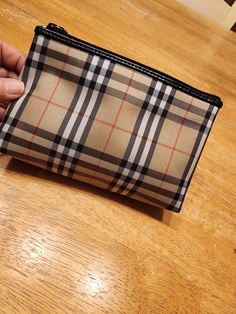 Burberry Beige Plaid Cosmetic Pouch with Black Trim